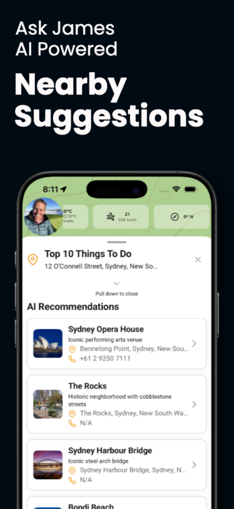 Explore by JAX - Explore by JAX app screen displaying AI-powered nearby recommendations and travel suggestions for Sydney landmarks.