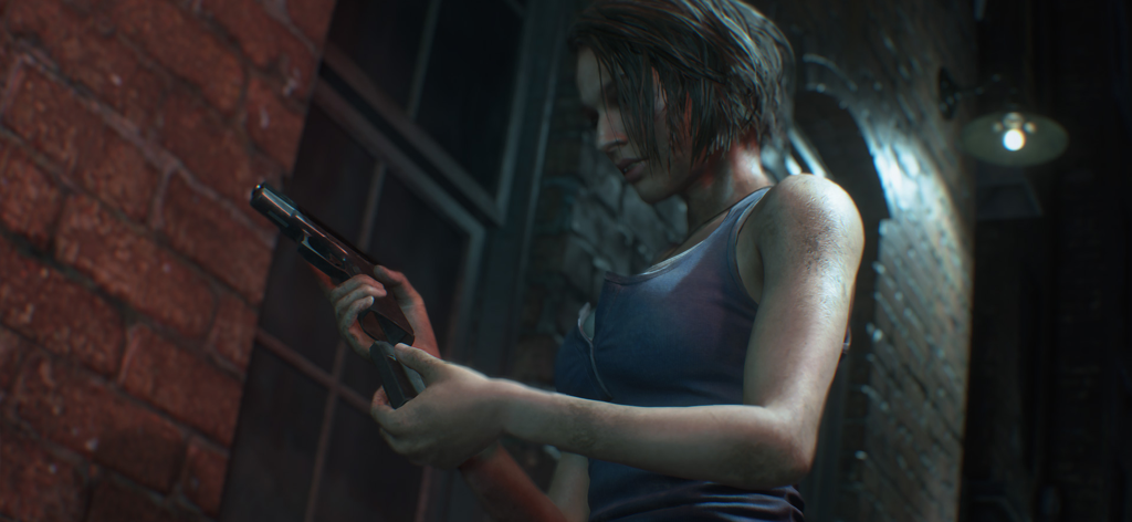 Jill Valentine reloading her handgun in a dark alley in Resident Evil 3