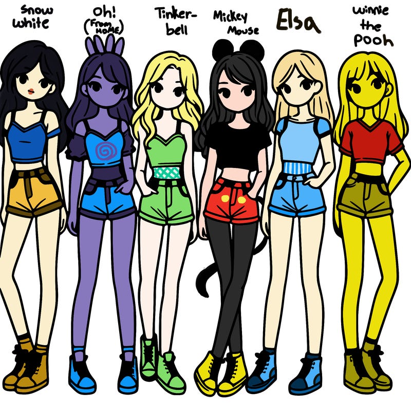 a group of girls wearing crop tops and shorts