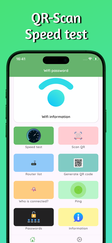 WiFi Master - All in one - The dashboard of WiFi Master app showing network utilities like speed test, network scanner, and QR code tools.