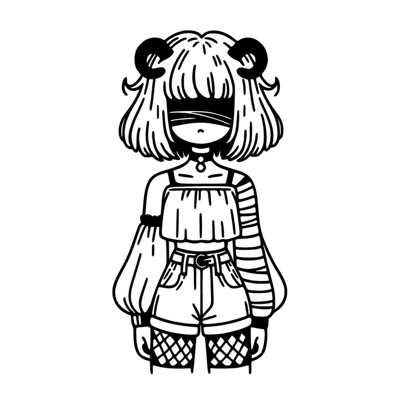 girl whith hair over there eyes small horns crop top one bandaged sleeve one long and striped sleeve shorts fish nets and short hair
