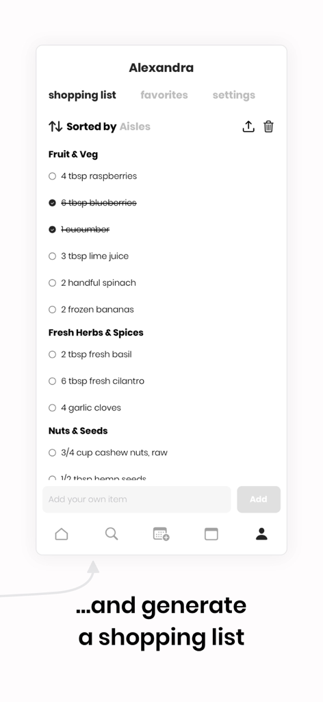 Fivesec Health by Alexandra - A clean and organized shopping list within the Fivesec Health app sorted by grocery aisles