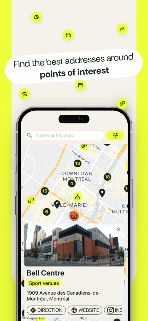 Tastet plus App-Karte, die Restaurantempfehlungen in der Nähe von Sehenswürdigkeiten wie dem Bell Centre in Montreal zeigt