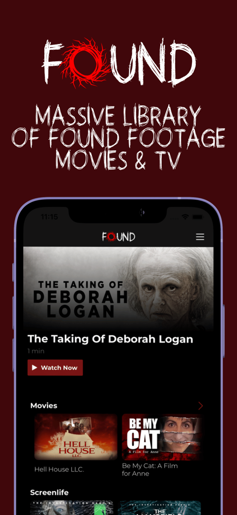 Pantalla de iPhone mostrando la aplicación FOUND TV con una colección de películas de horror de metraje encontrado y 'screenlife' como The Taking of Deborah Logan.