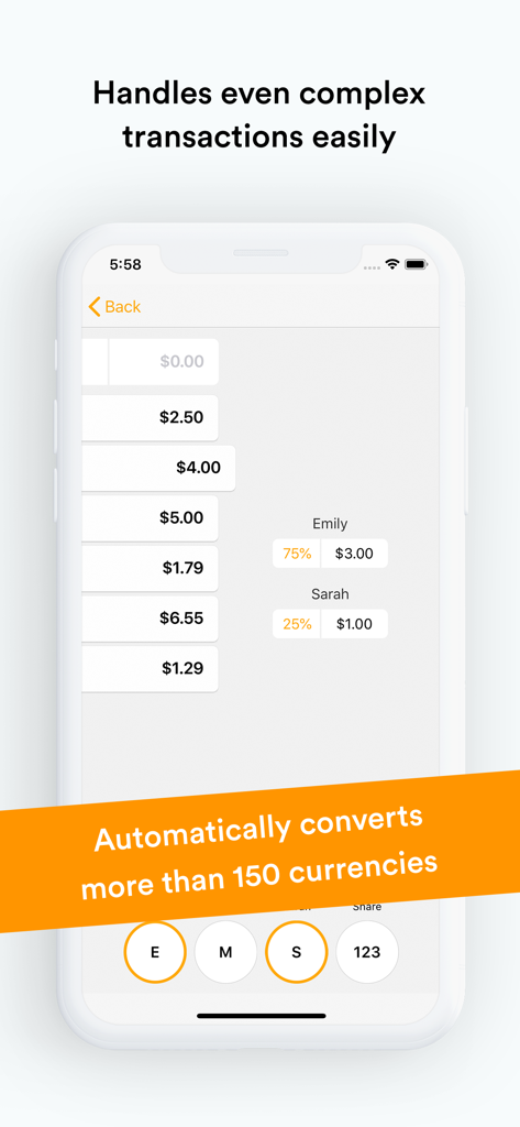 Splid app interface displaying complex bill splitting and currency conversion features.