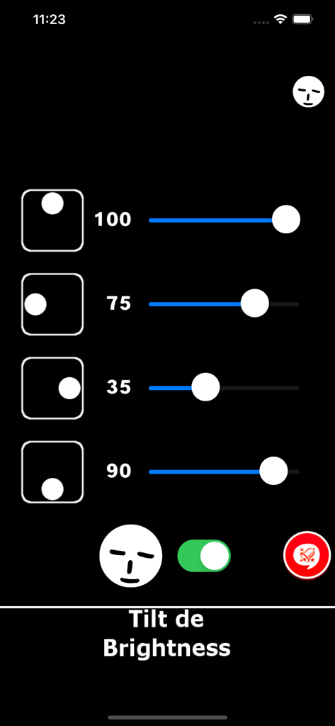 Tilt de Brightness-Best Dimmer - Settings screen of Tilt de Brightness app with sliders for four sided tilt customization