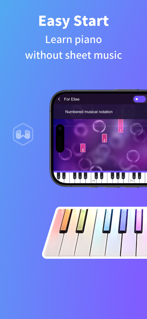 POP Piano app interface showing easy piano learning without sheet music using numbered notation