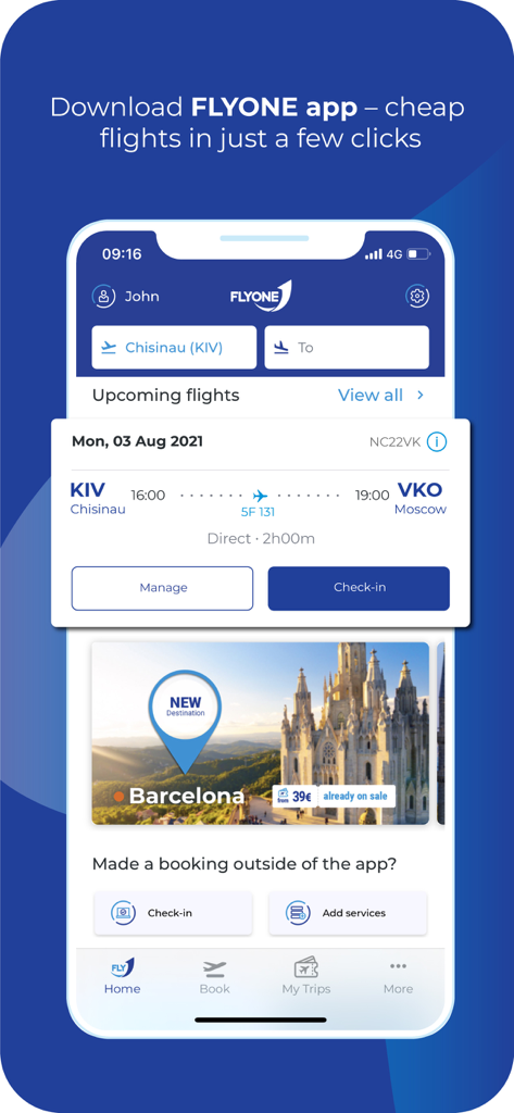 FLYONE - FLYONE app dashboard showing flight details from Chisinau to Moscow and travel management options