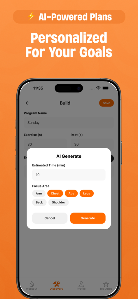 1 Minute Workout: Daily Habit - AI powered workout generator screen for personalized fitness goals