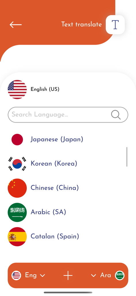 translator | مترجم اللغات - Oberfläche zur Sprachauswahl der Übersetzungs-App, die eine Liste verfügbarer Sprachen einschließlich Englisch und Arabisch mit ihren Nationalflaggen anzeigt