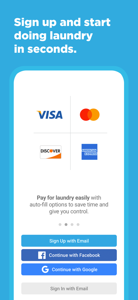 CSCPay Mobile app sign up screen showing accepted credit cards and social login options