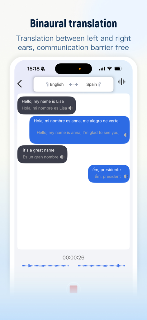NebulaBuds - Interfaz de la aplicación NebulaBuds para traducción binaural entre inglés y español