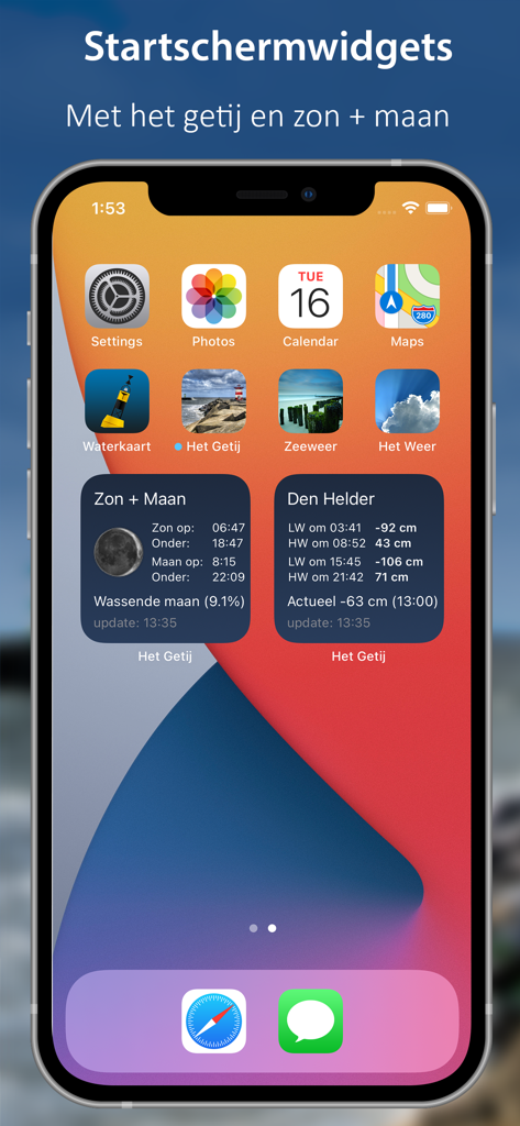 iPhone home screen featuring tide and astronomical widgets for The Tides Netherlands app