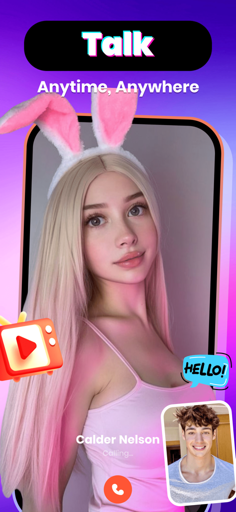 Fingro：Adult Share，Video Call - A 1v1 video call screen on the Fingro app featuring a woman with pink bunny ears and a man calling.