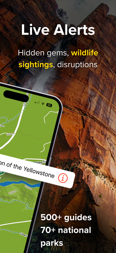 Chimani app screenshot showing live alerts for wildlife and disruptions over a map of Yellowstone National Park