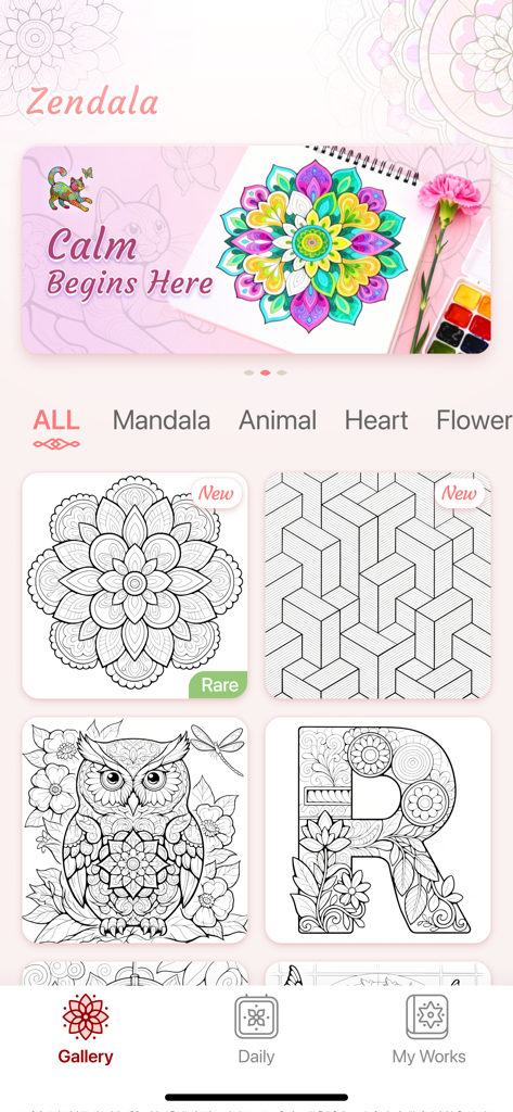Zendala Color App Galerieansicht, die verschiedene unbemalte Mandala- und Tiervorlagen zeigt