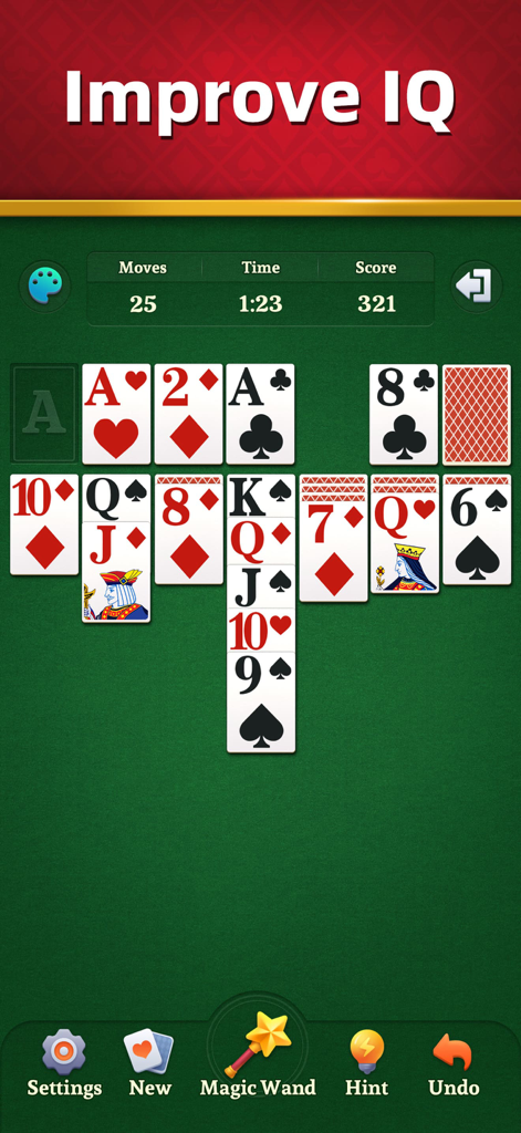Zen Card: Classic Solitaire - Pantalla de juego de Solitario Klondike Clásico con cartas grandes fáciles de leer y un fondo de mesa verde