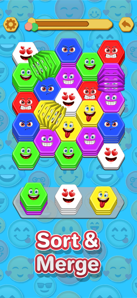 A mobile game screen showing colorful hexagonal tiles with various emoji faces being sorted and stacked.
