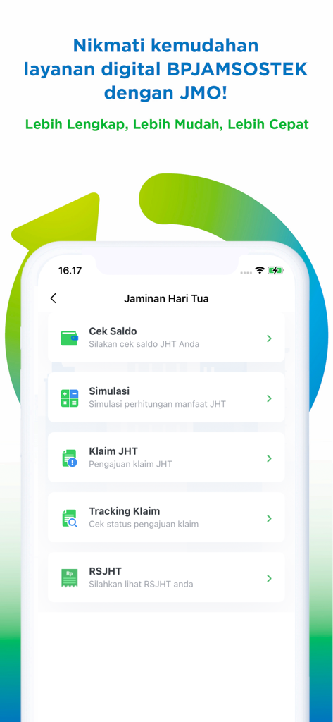 Interface do aplicativo móvel JMO mostrando o menu Previdência por Velhice com opções para verificação de saldo e rastreamento de solicitações