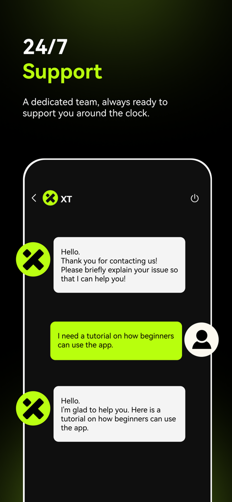XT.com: Buy Bitcoin & Ethereum - A mobile app screen showing the XT.com 24/7 customer support chat interface.