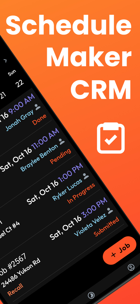 Interface móvel do aplicativo Worganizer mostrando um cronograma de tarefas com nomes de funcionários e status das tarefas