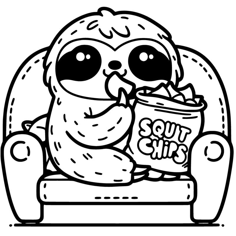 a sloth squishmallow on a sofa eating chips in a bag