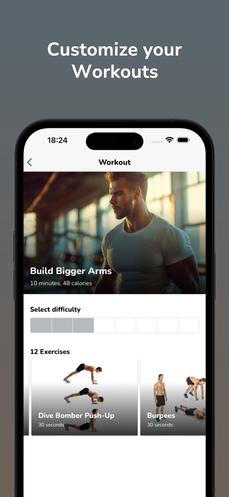 Mobile app screen showing workout customization options with difficulty selection and specific exercises like burpees and push ups