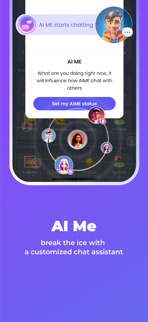 PopUpアプリの画面で、アイスブレイクを助けるカスタムチャットアシスタント「AI Me」を紹介