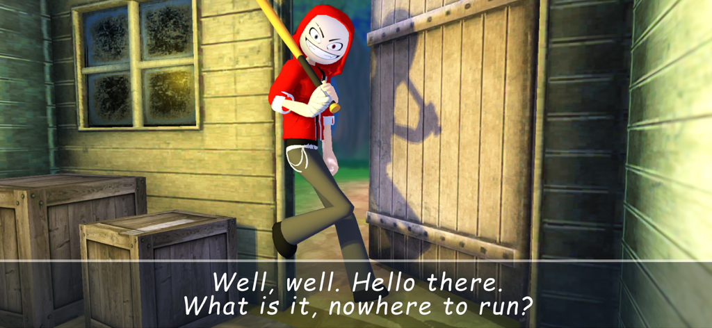 Angry Boy Pedro and His Friend - Personaje Pedro con un bate de béisbol en un marco de madera con una sonrisa siniestra