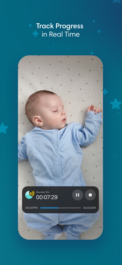 Smart Sleep Coach by Pampers app screen showing real time baby sleep progress tracking with a timer