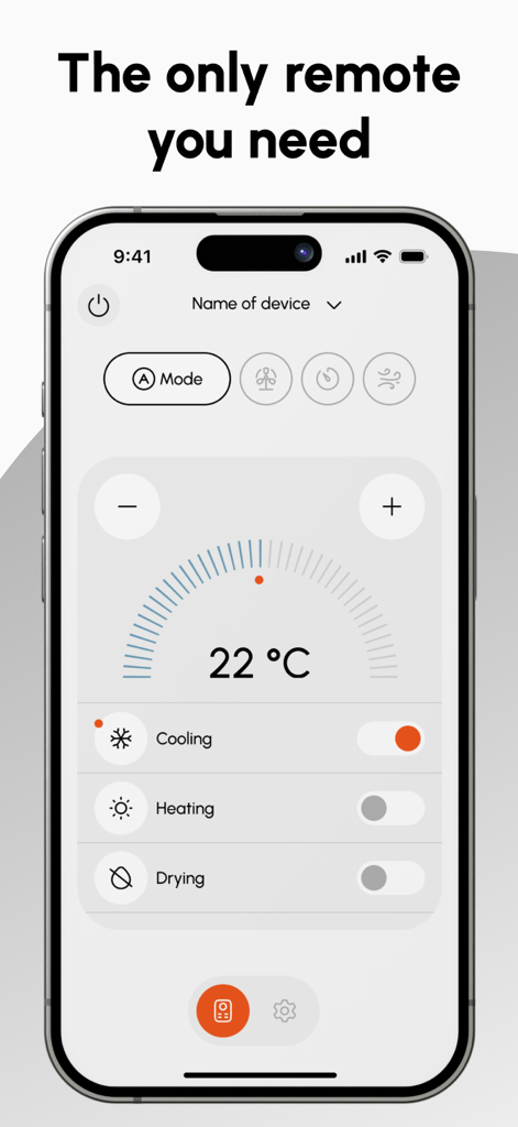 温度22℃、冷房モード有効のACリモートアプリインターフェースを表示したiPhone