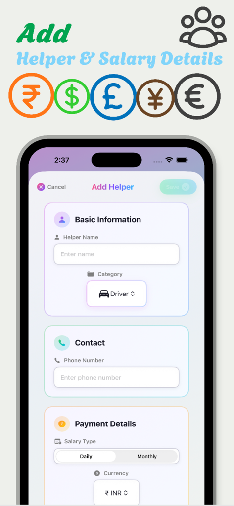 Servana app interface for adding household helper information and salary details with multi-currency support