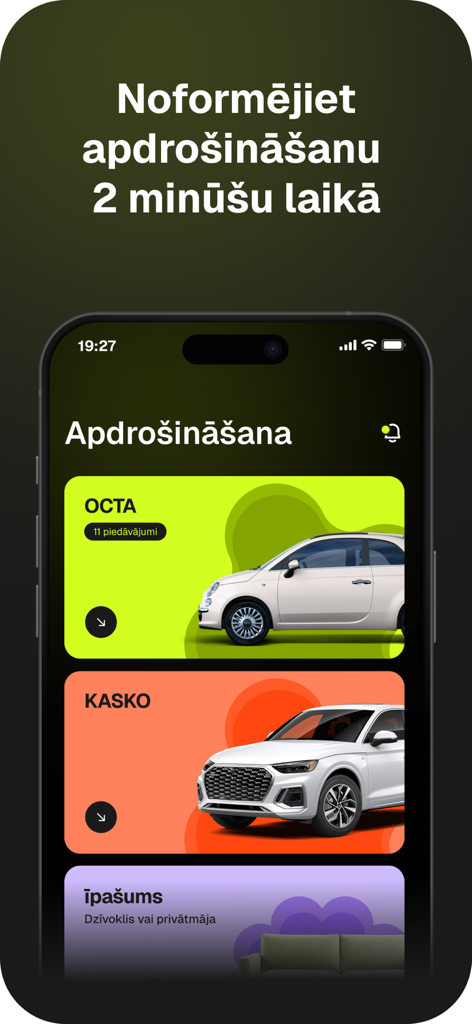 Octas.lv - apdrošināšana - Interfaccia dell'app mobile Octas.lv che mostra le opzioni assicurative per OCTA KASKO e proprietà