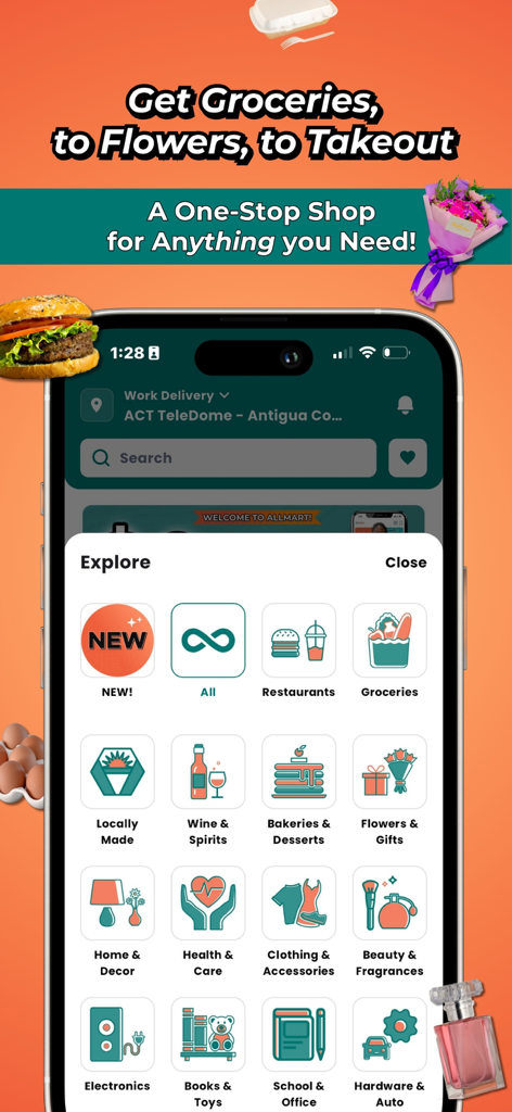 AllMart - Local Marketplace - Tela de exploração do aplicativo AllMart exibindo ícones para várias categorias de compras, incluindo supermercados, restaurantes e roupas.
