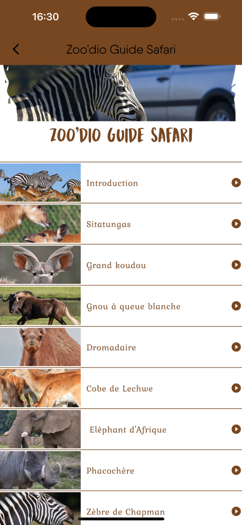 Schermata dell'app mobile che mostra l'elenco degli animali della guida audio di Thoiry ZooSafari