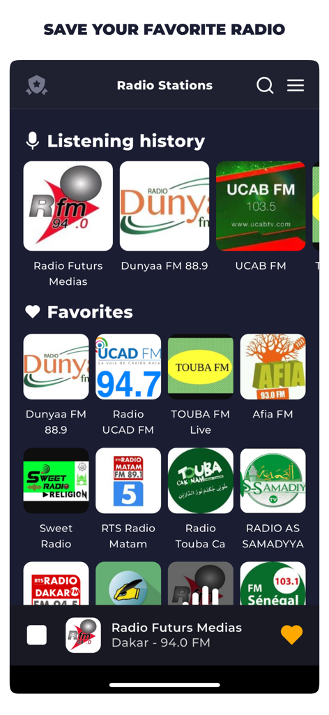 Sección de Favoritos de la aplicación Radio Senegal mostrando varias estaciones de radio FM locales