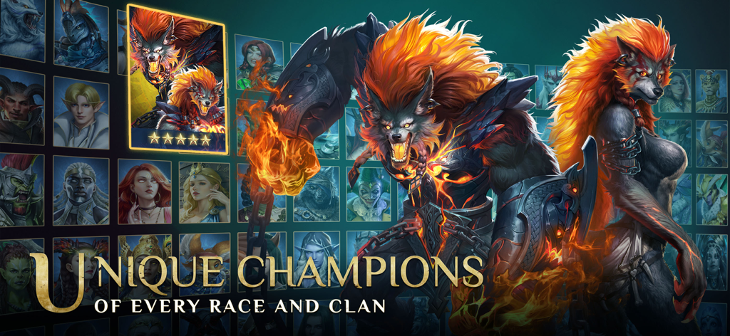 Legacy of Lithas - Legacy of Lithas gameplay screenshot featuring a diverse collection of unique champion characters from various fantasy races and clans