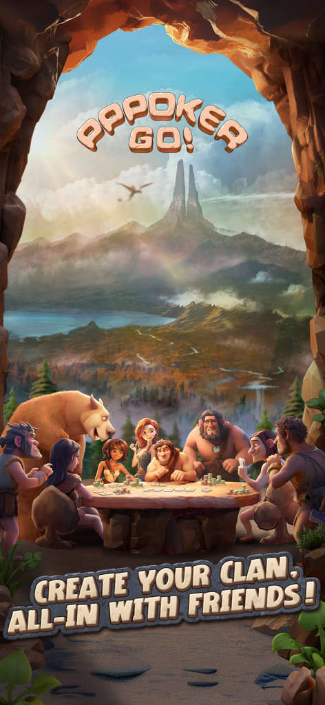 Cartoon cavemen playing poker together in a cave overlooking a prehistoric landscape