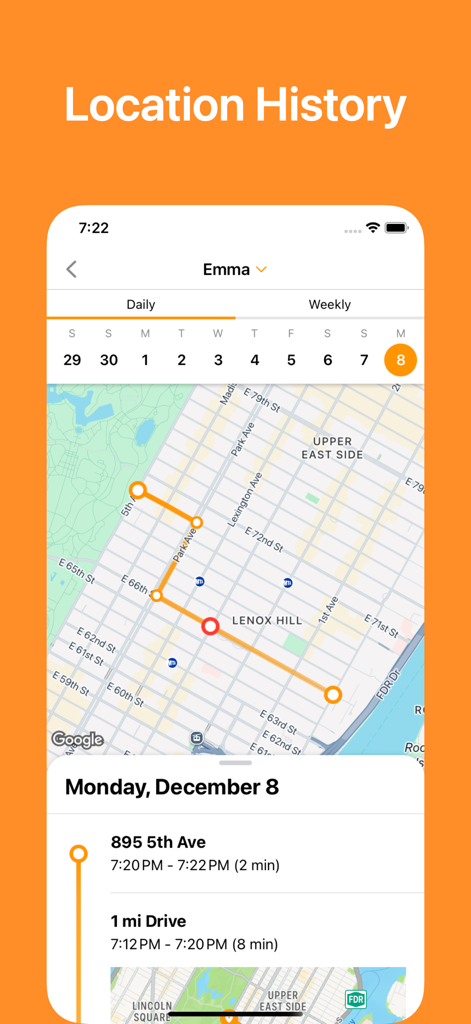 Una captura de pantalla de la app Compartir Ubicación que muestra el historial de ubicación diario de un usuario con una ruta rastreada en un mapa y registros detallados de viajes.