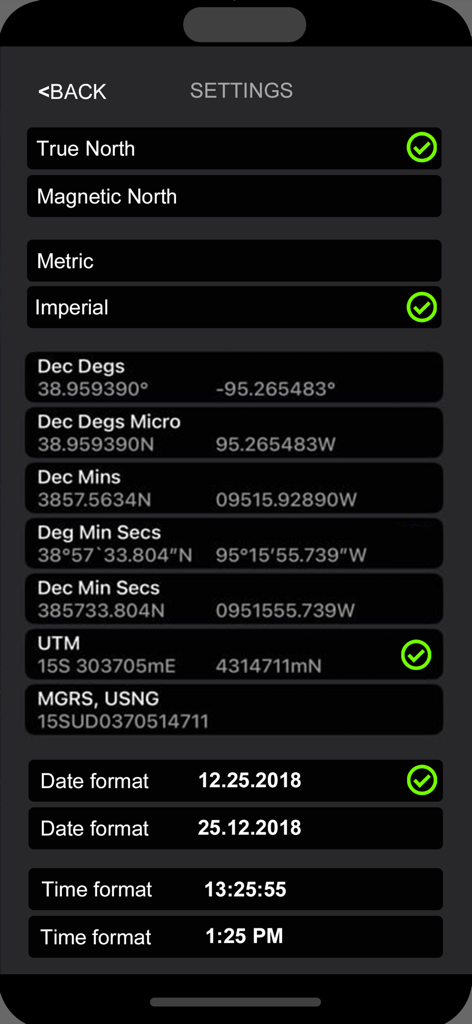 Compass i16 GeoTag GPS Camera - Professional settings screen for selecting coordinate formats and unit types