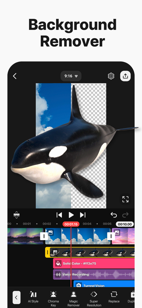 Interfaz de la aplicación móvil KineMaster que demuestra la herramienta de eliminación de fondo de IA en un video de una orca