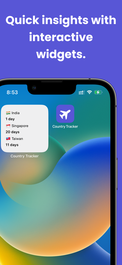 Places Been: Country Tracker - iPhone home screen displaying the Country Tracker interactive widget with a summary of days spent in India, Singapore, and Taiwan