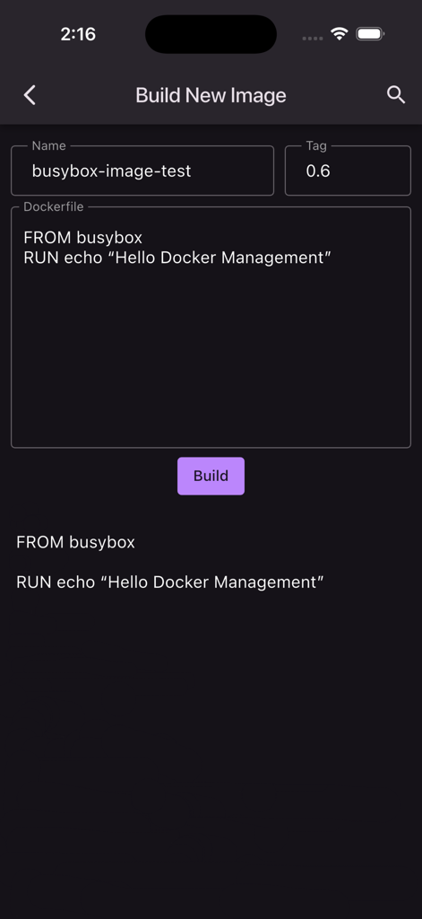 Interface for building a new Docker image from a Dockerfile in the Docker Management app