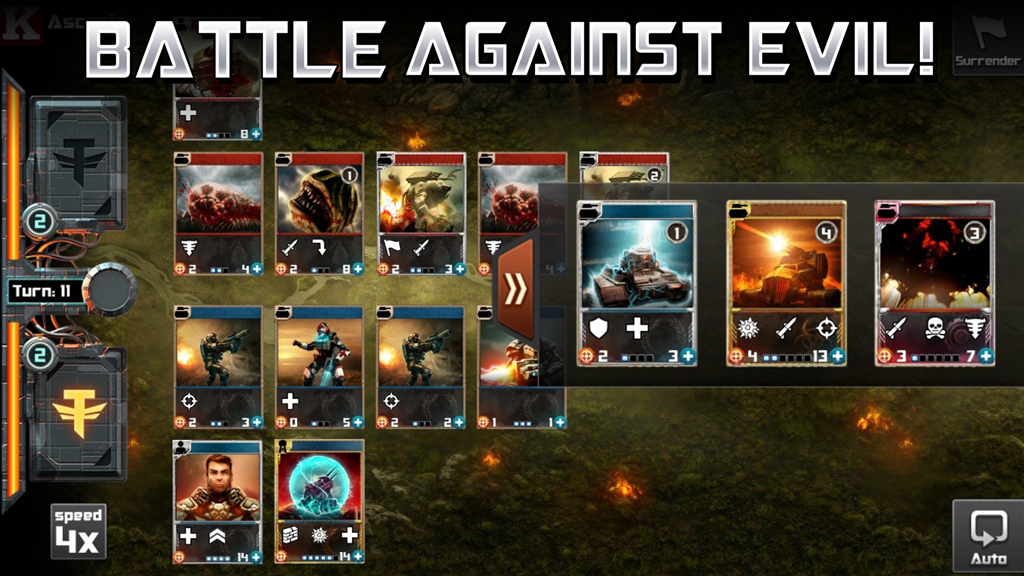 Gameplay screenshot of a sci-fi card battle in Tyrant Unleashed featuring various unit cards.