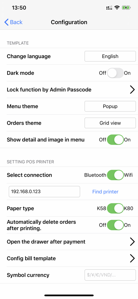 Tela de configuração do aplicativo EASY POS mostrando configurações de template e impressora