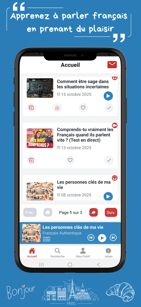 Français Authentique - Francais Authentique mobile app home screen showing French learning podcasts and videos