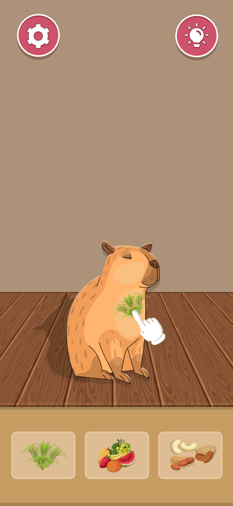 Satisfy Perfect Tidy Satisroom - Una captura de pantalla de un personaje capibara en el juego Satisfy Perfect Tidy Satisroom siendo acicalado con opciones de hierba y comida mostradas en la parte inferior