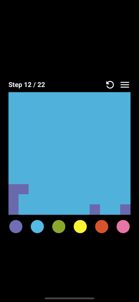 Flood–It! - Pantalla de juego de Flood-It! que muestra un tablero de puzzle e iconos de selección de color.