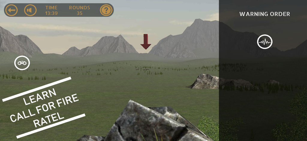 Military training app interface showing a 3D landscape and call for fire instructions