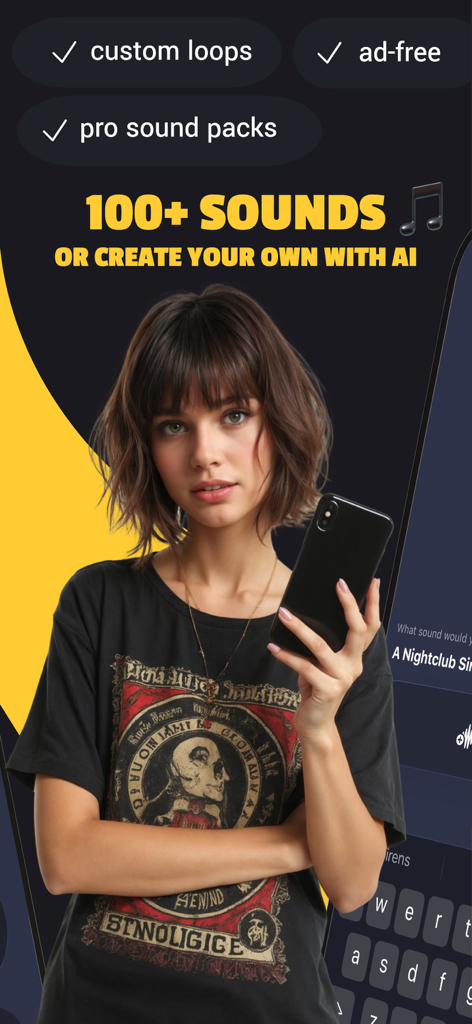 DJ Soundboard - A young woman holding a smartphone displaying the DJ Soundboard app features including AI sounds and custom loops